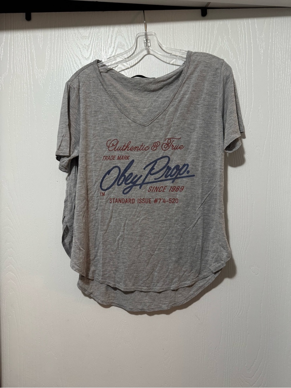 Obey Gray Graphic V‑Neck Short Sleeve Side Slit Tee with Navy & Red Logo